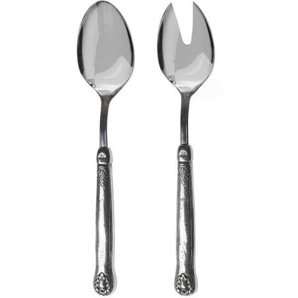 Arte Italica & Crown Linen Designs Hotel Collection Salad Servers: ornate Italian pewter and stainless steel set with distinct vintage detailing, ideal for elegant table settings.