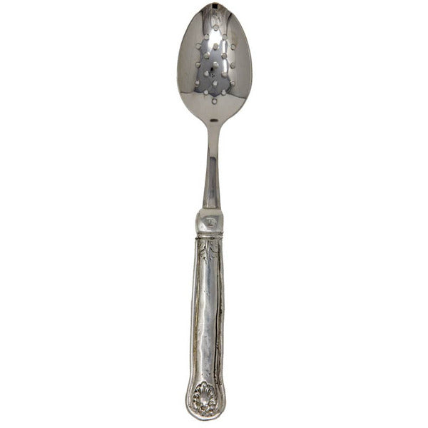 Arte Italica & Crown Linen Designs Hotel Collection Slotted Spoon, intricately pierced for straining. Handcrafted in Lombardy, merging Italian pewter with stainless steel for an elegant, heirloom feel.