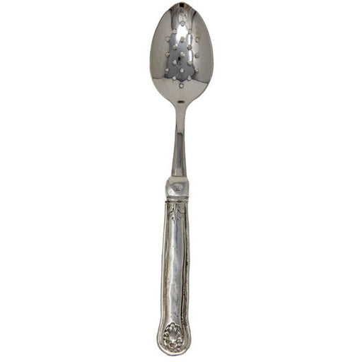 Arte Italica & Crown Linen Designs Hotel Collection Slotted Spoon, intricately pierced for straining. Handcrafted in Lombardy, merging Italian pewter with stainless steel for an elegant, heirloom feel.