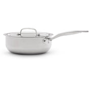 Heritage Steel | Titanium Series Saucier with Lid, 3 Quart, featuring sloped sides for easy whisking, ideal for sauces and risottos, shown close-up.