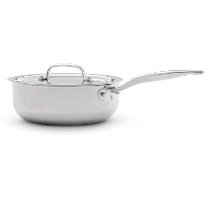 Heritage Steel | Titanium Series Saucier with Lid, 3 Quart, featuring sloped sides for easy whisking, ideal for sauces and risottos, shown close-up.
