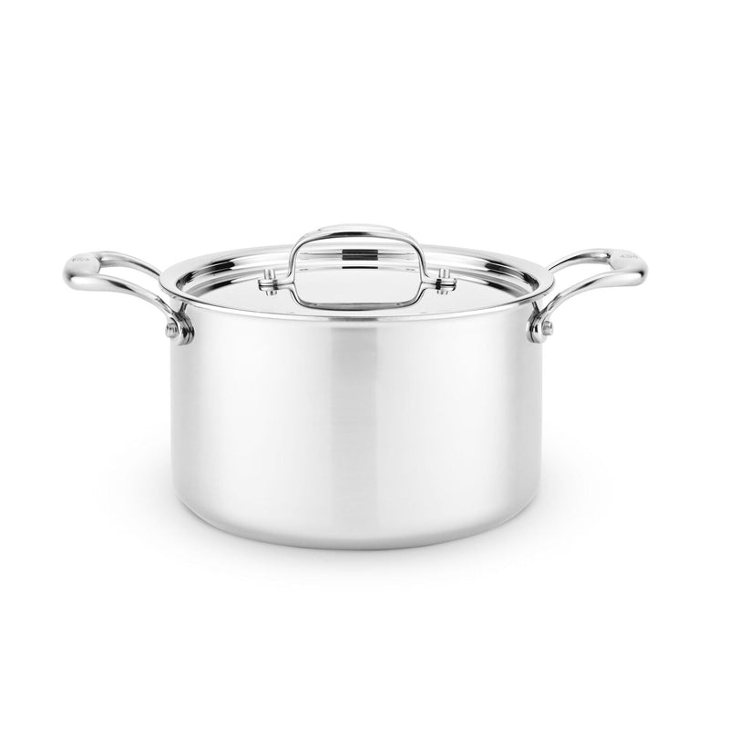 Heritage Steel | Titanium Series 5 QT Stock Pot with Lid shown, ideal for simmering soups or braising, featuring high sides for versatile cooking tasks.