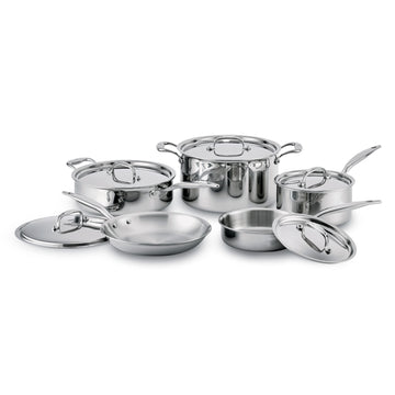 Heritage Steel | 10 Piece Cookware Set featuring polished stainless-steel stockpot, saucepans, sauté pan, and frying pans, all with lids and loop handles.