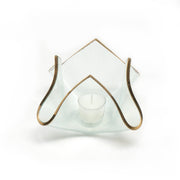 Annie Glass | 7 x 7 x 5 XL Handkerchief Votive: Clear glass votive with hand-painted gold rim, featuring a unique draped shape, ideal for candles or decor.