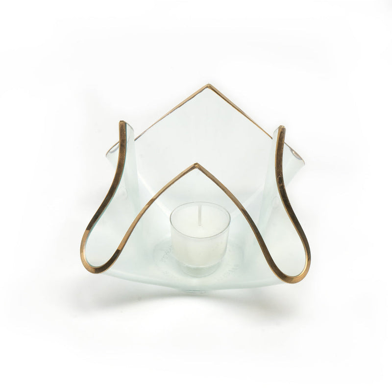 Annie Glass | 7 x 7 x 5 XL Handkerchief Votive: Clear glass votive with hand-painted gold rim, featuring a unique draped shape, ideal for candles or decor.