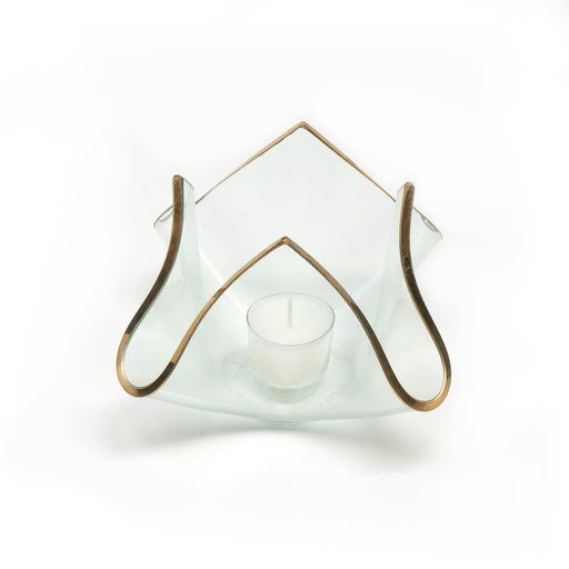 Annie Glass | 7 x 7 x 5 XL Handkerchief Votive: Clear glass votive with hand-painted gold rim, featuring a unique draped shape, ideal for candles or decor.
