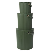 Hachiman | Bucket, Extra Large Garden Green: Three olive-green, ribbed storage buckets stacked, with strap handles. Versatile for home, garden, or as a casual stool.