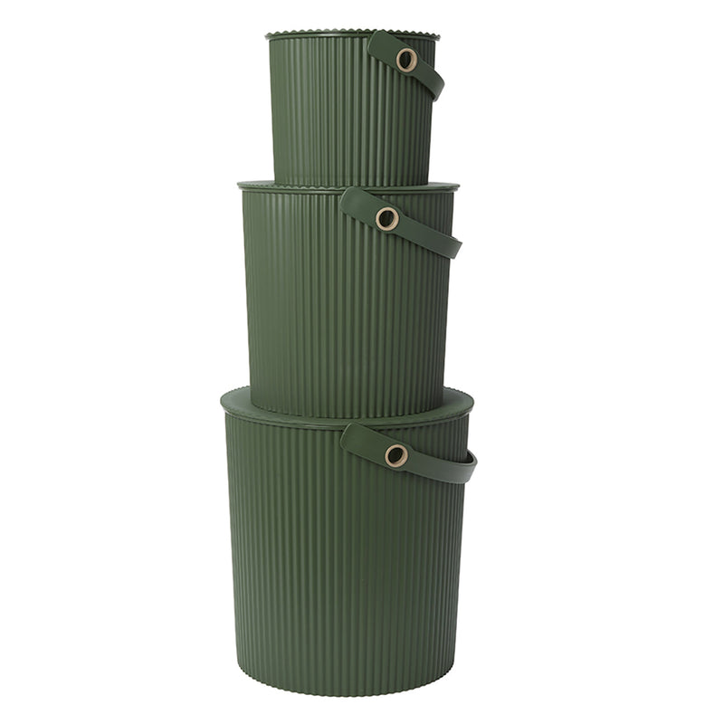 Hachiman | Bucket, Extra Large Garden Green: Three olive-green, ribbed storage buckets stacked, with strap handles. Versatile for home, garden, or as a casual stool.