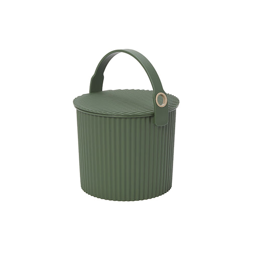 Hachiman | Bucket, Mini Garden Green, a small, ribbed plastic container with a lid and handle, ideal for versatile storage and carrying needs.