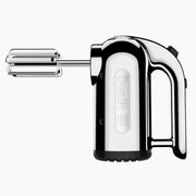 Dualit | Hand Mixer, Polished Chrome with twin wire beaters, showcasing its sleek design and brand name. Ideal for versatile kitchen tasks at Athens Cooks.