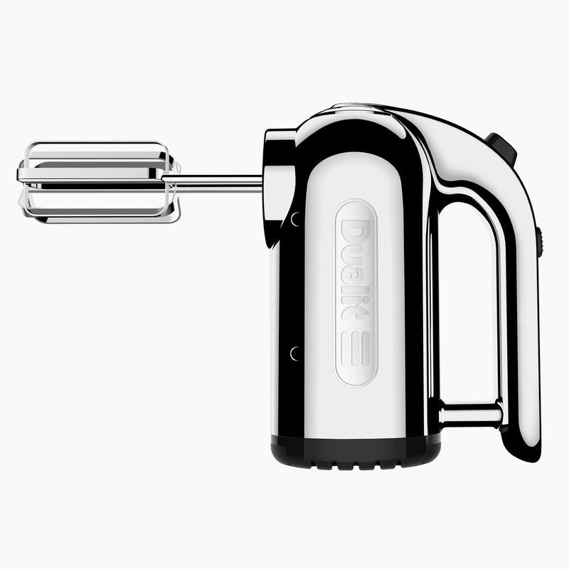 Dualit | Hand Mixer, Polished Chrome with twin wire beaters, showcasing its sleek design and brand name. Ideal for versatile kitchen tasks at Athens Cooks.