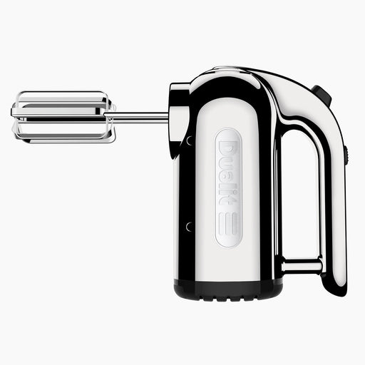 Dualit | Hand Mixer, Polished Chrome with twin wire beaters, showcasing its sleek design and brand name. Ideal for versatile kitchen tasks at Athens Cooks.