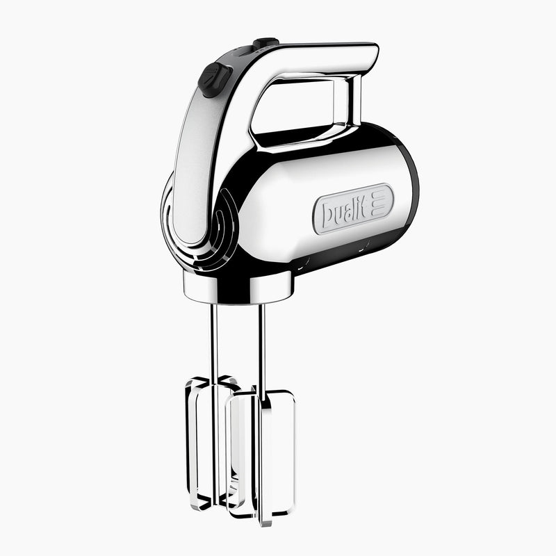 Dualit Hand Mixer, Polished Chrome with dual beaters, 300W motor, four speeds, and retractable cord, ideal for mixing tasks in any kitchen.