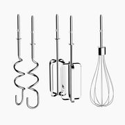 Dualit Hand Mixer, Polished Chrome: Trio of chrome attachments—spiral dough hooks, flat beaters, and a balloon whisk—designed for versatile mixing.