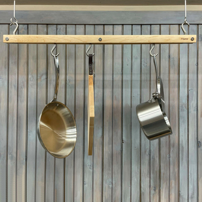 J.K. Adams | Hanging Bar Pot Rack - Gray Maple, compact design with six hooks and installation kit, ideal for maximizing kitchen space, holds up to 75 lbs.