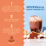 Spicewalla | Chai Spiced Hot Chocolate recipe card with a glass mug of hot chocolate topped with whipped cream, surrounded by cocoa, marshmallows, cinnamon, and ginger.