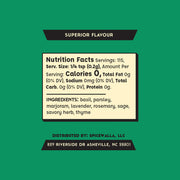 Spicewalla | Herbs de Provence label displaying ingredient list and nutrition facts for a classic, fresh seasoning blend, perfect for enhancing oven-roasted chicken and vegetables.