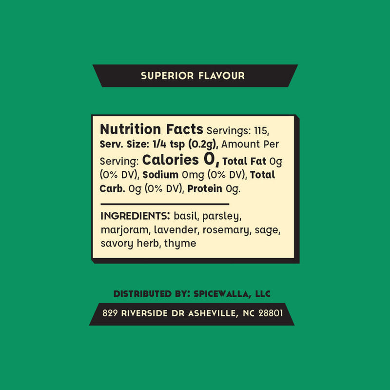 Spicewalla | Herbs de Provence label displaying ingredient list and nutrition facts for a classic, fresh seasoning blend, perfect for enhancing oven-roasted chicken and vegetables.