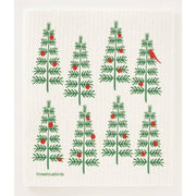 Three Bluebirds Swedish Dishcloths featuring festive embroidery with Christmas trees and berries, designed for sustainability and durability. Perfect for adding cheer to kitchen chores.