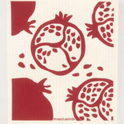 Three Bluebirds Swedish Dishcloths with a red and white pomegranate pattern, designed for durability and style, ideal for sustainable kitchen cleaning.