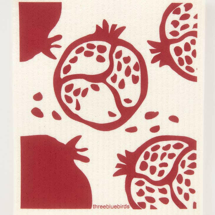 Three Bluebirds Swedish Dishcloths with a red and white pomegranate pattern, designed for durability and style, ideal for sustainable kitchen cleaning.