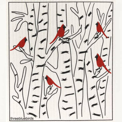Three Bluebirds Swedish Dishcloths featuring a red bird illustration, designed for durability and sustainability, perfect for adding cheer to kitchen chores.