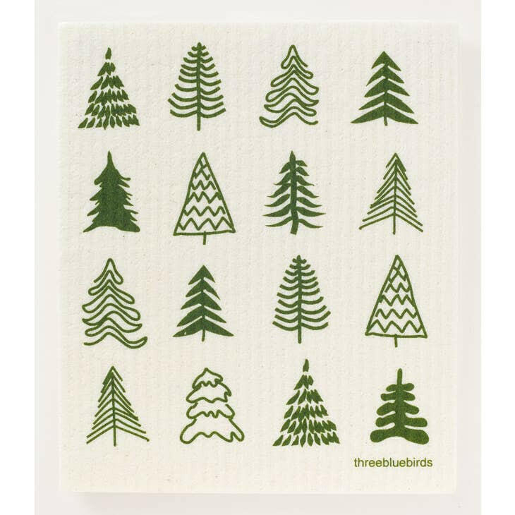 Three Bluebirds Swedish Dishcloths featuring a green zigzag Christmas tree pattern, designed for sustainability and durability, perfect for adding festive cheer to your kitchen chores.
