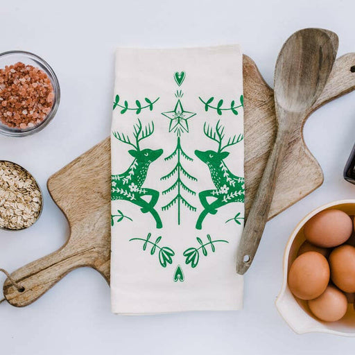 Your Green Kitchen | Holiday Tea Towels - Holiday Houses featured next to a cozy breakfast setting with oatmeal, showcasing their absorbency and charm.