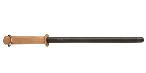 Kikuichi | Ceramic Honing Rod with a cherry handle and stainless ring, designed to realign blade edges, hangs easily for convenient kitchen use.