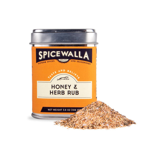 Spicewalla | Honey & Herb Rub tin with seasoning blend in front, ideal for enhancing proteins, vegetables, and grains with a sweet and savory flavor.