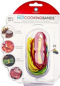 Stretch Hot Cooking Bands packaged for display, showcasing colorful silicone bands designed to secure various foods during cooking, ideal for versatile kitchen use.