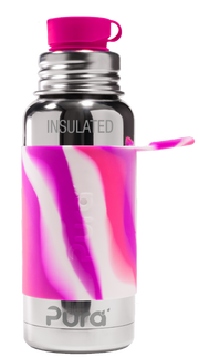 PURA STAINLESS Big Mouth® Sport 16oz Insulated Bottle with pink silicone sleeve and cap, ideal for evolving hydration needs; features stainless steel and silicone construction.