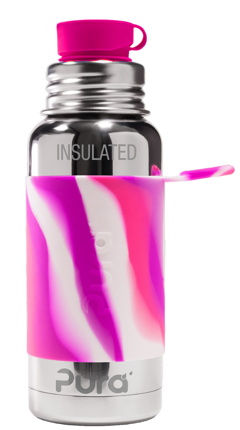 PURA STAINLESS Big Mouth® Sport 16oz Insulated Bottle with pink silicone sleeve and cap, ideal for evolving hydration needs; features stainless steel and silicone construction.