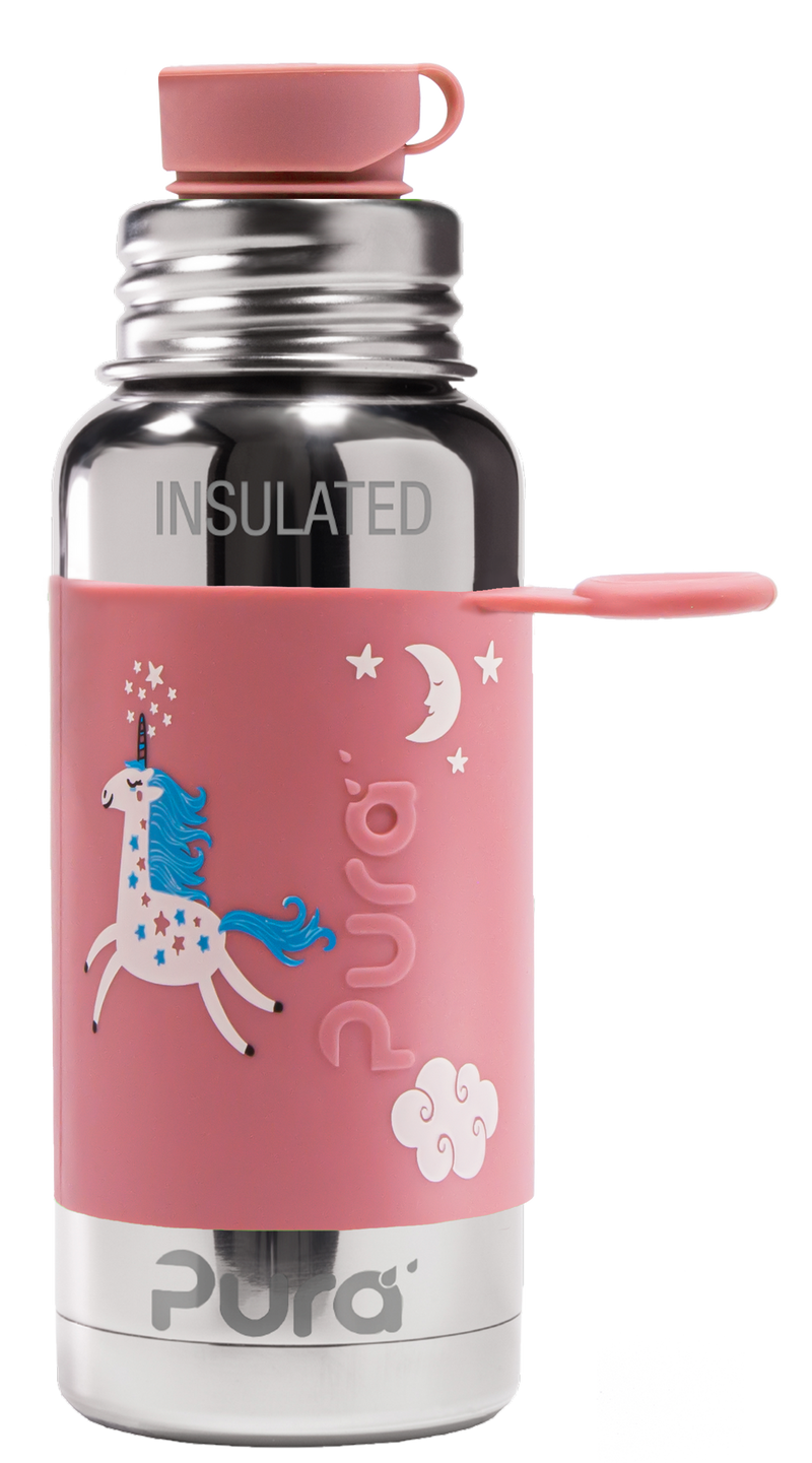 PURA STAINLESS Big Mouth® Sport 16oz Insulated Bottle with pink unicorn-themed silicone sleeve, ideal for style and function from Athens Cooks' curated kitchen collection.