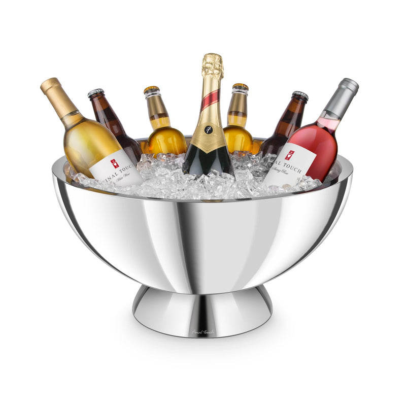 Final Touch | Double-Wall Beverage Bin showcasing chilled champagne, wine, and beer bottles on ice, ideal for elegant entertaining, with seamless stainless-steel design ensuring long-lasting cold retention.