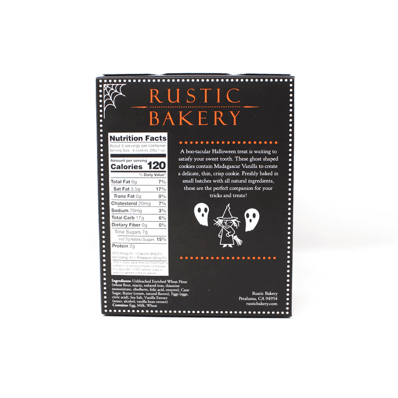 Rustic Bakery | Spooky Ghosts Halloween Cookies box featuring Halloween-themed design and nutrition facts, highlighting limited edition vanilla butter cookies with festive packaging.