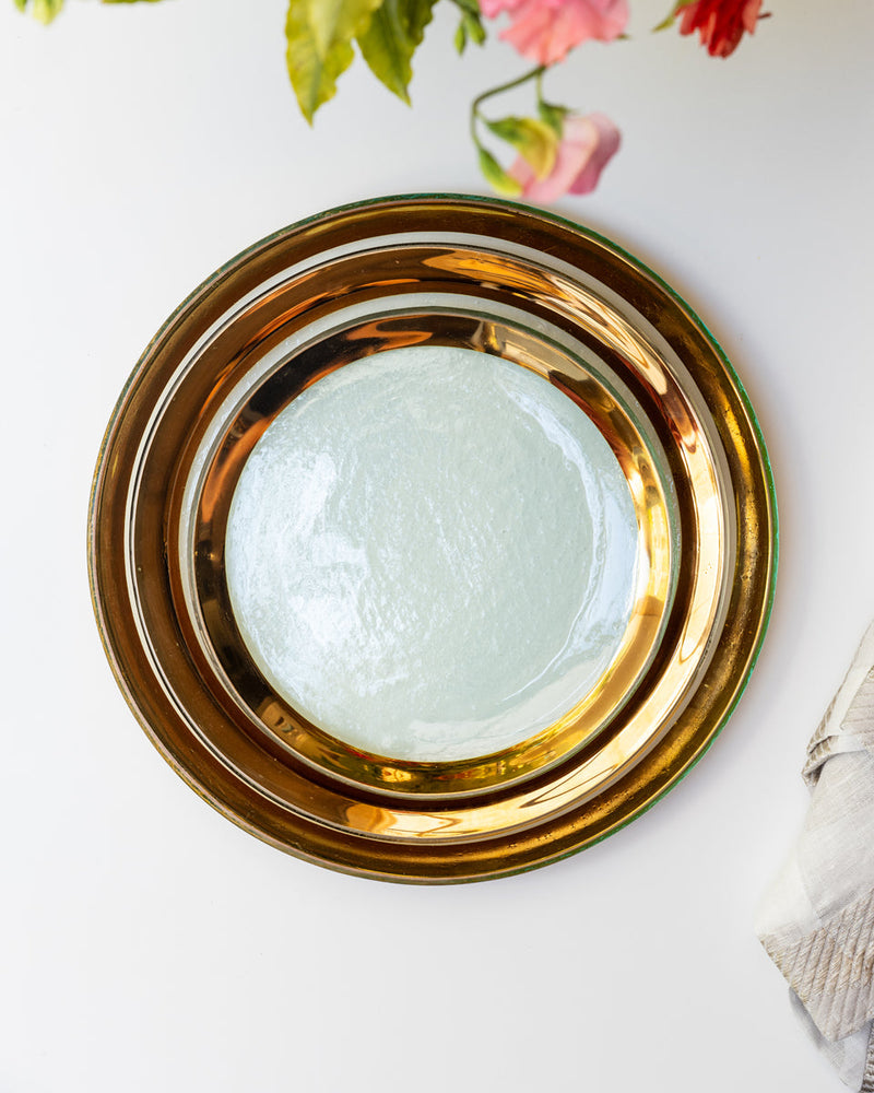 Annie Glass | 12 Buffet Plate with a glass bowl of mint-green gel, framed by pink blossoms and a linen napkin.