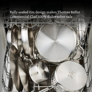 Hestan Provisions | Commercial Clad Stainless Steel Universal Lids, 8.5 Inches, displayed in a dishwasher, highlighting their 100% dishwasher-safe, eco-friendly design with a steam vent feature.