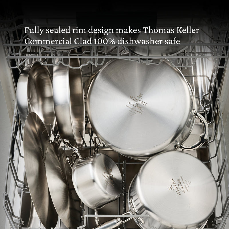 Hestan Provisions | Commercial Clad Stainless Steel Universal Lids, 8.5 Inches, displayed in a dishwasher, highlighting their 100% dishwasher-safe, eco-friendly design with a steam vent feature.