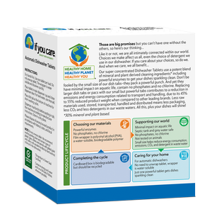 If You Care Automatic Dishwasher Tablets box with visible text detailing eco-friendly, plant-based ingredients and packaging, emphasizing concentrated cleaning power and quick-dissolving film.