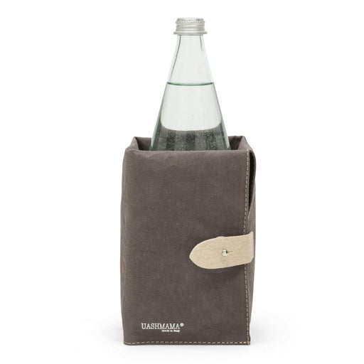 UASHMAMA Ice-Cube Beverage Chiller in white, showcasing its ergonomic design with a large bottle inside and visible removable ice packs for easy chilling.