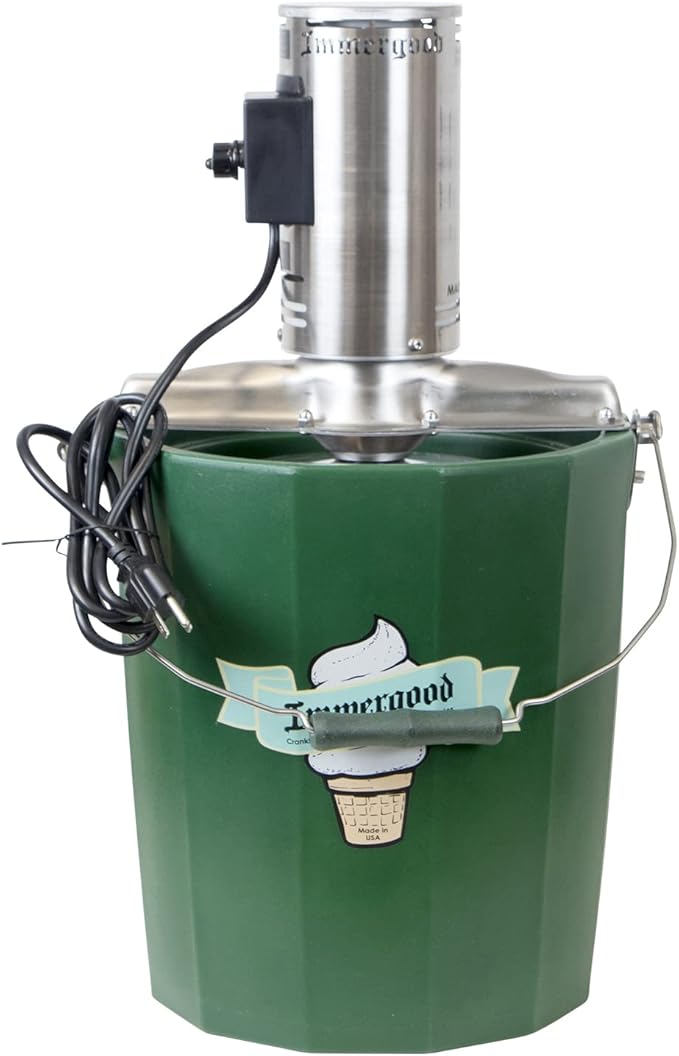Immergood Ice Cream Maker - Electric with Tub Cover, featuring a sturdy container, detailed view of the electric grinder, and power cord for efficient ice cream preparation.