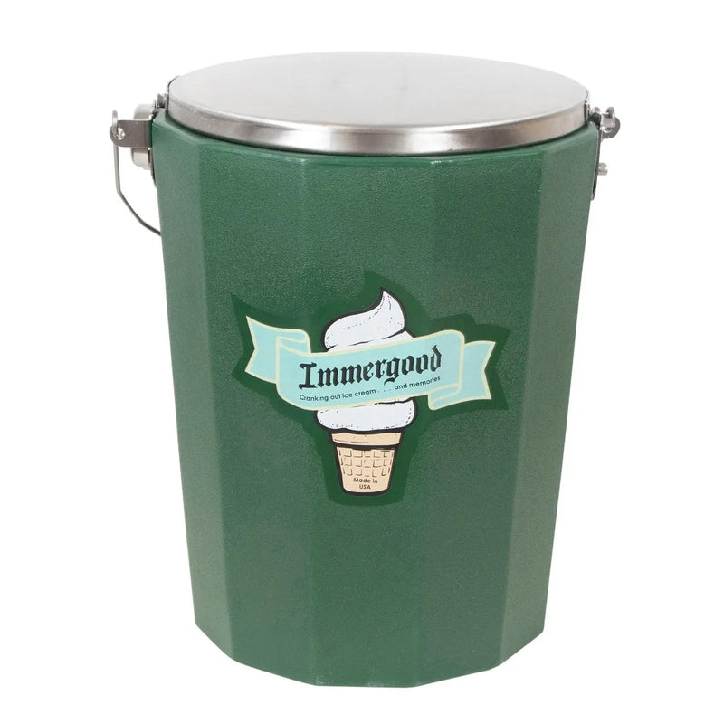 Immergood Tub Cover for ice cream freezers, featuring a green metal design with a silver lid, maintains ice cream freshness for events.