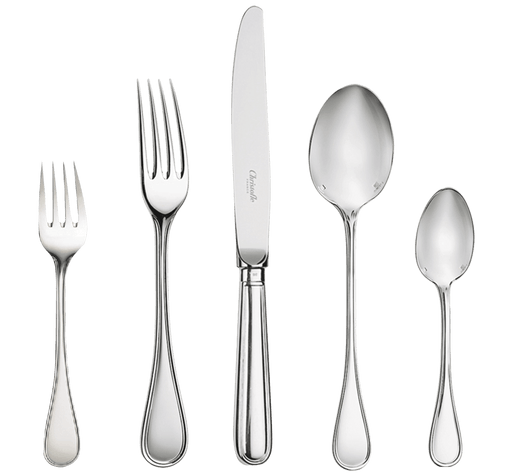 Christofle | 5-Piece Place Setting Albi, Silver Plated, featuring timeless, elegant flatware: salad fork, dinner fork, knife, tablespoon, and teaspoon, inspired by Albi Cathedral.