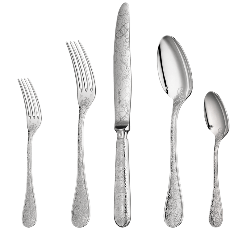 Christofle 5-Piece Place Setting Jardin d'Eden Silver Plated, featuring intricately engraved dinner and dessert forks, knife, tablespoon, and teaspoon with elegant scrolling floral patterns.