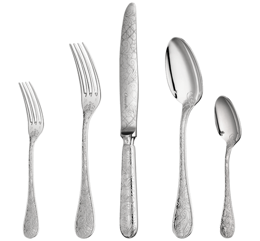 Christofle 5-Piece Place Setting Jardin d'Eden Silver Plated, featuring intricately engraved dinner and dessert forks, knife, tablespoon, and teaspoon with elegant scrolling floral patterns.