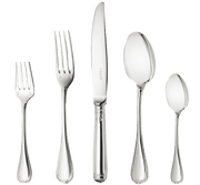 Christofle | 5-Piece Place Setting Malmaison Silver Plated: Elegant silver-plated flatware set with classic Empire-style detailing, including salad fork, dinner fork, knife, tablespoon, and teaspoon.