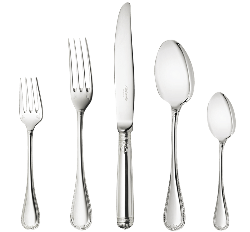 Christofle | 5-Piece Place Setting Malmaison Silver Plated: Elegant silver-plated flatware set with classic Empire-style detailing, including salad fork, dinner fork, knife, tablespoon, and teaspoon.