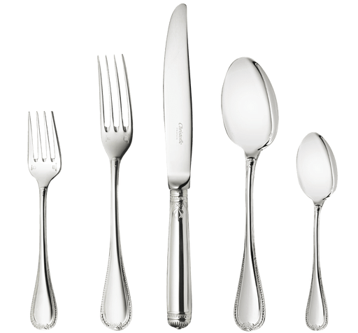 Christofle | 5-Piece Place Setting Malmaison Silver Plated: Elegant silver-plated flatware set with classic Empire-style detailing, including salad fork, dinner fork, knife, tablespoon, and teaspoon.