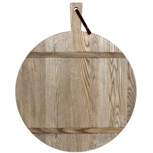 J.K. Adams | Round Ash Serving Boards, Large with Driftwood finish, featuring a light-toned wood surface and leather strap for hanging. Ideal for kitchens and entertaining.